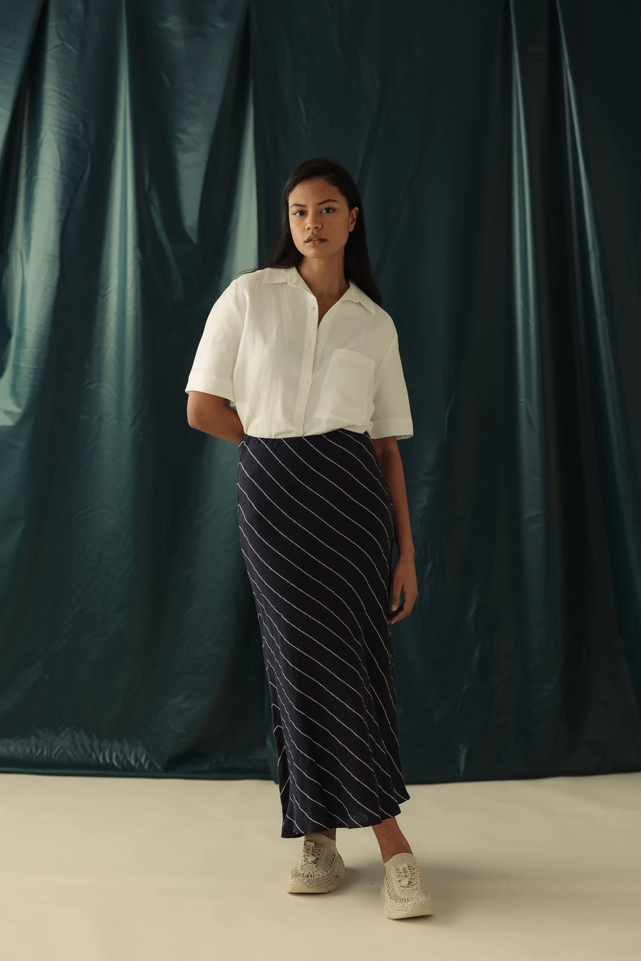 Mina | Essential Skirt - Navy Pinstripe