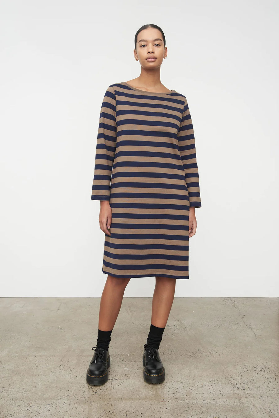 Kowtow | Breton Dress - Navy Taupe Stripe